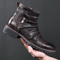 Men's brown embossed PU Martin boots with a side zip and round toe on a plain background.
