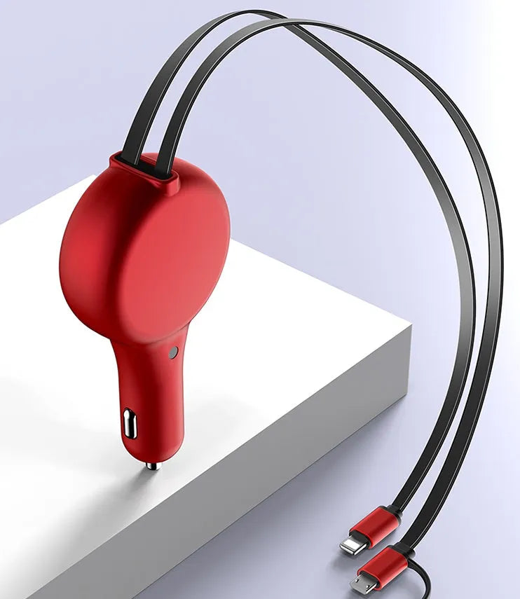 Black retractable car charger with two extended cables showing USB and Type-C heads plugged into a car socket.