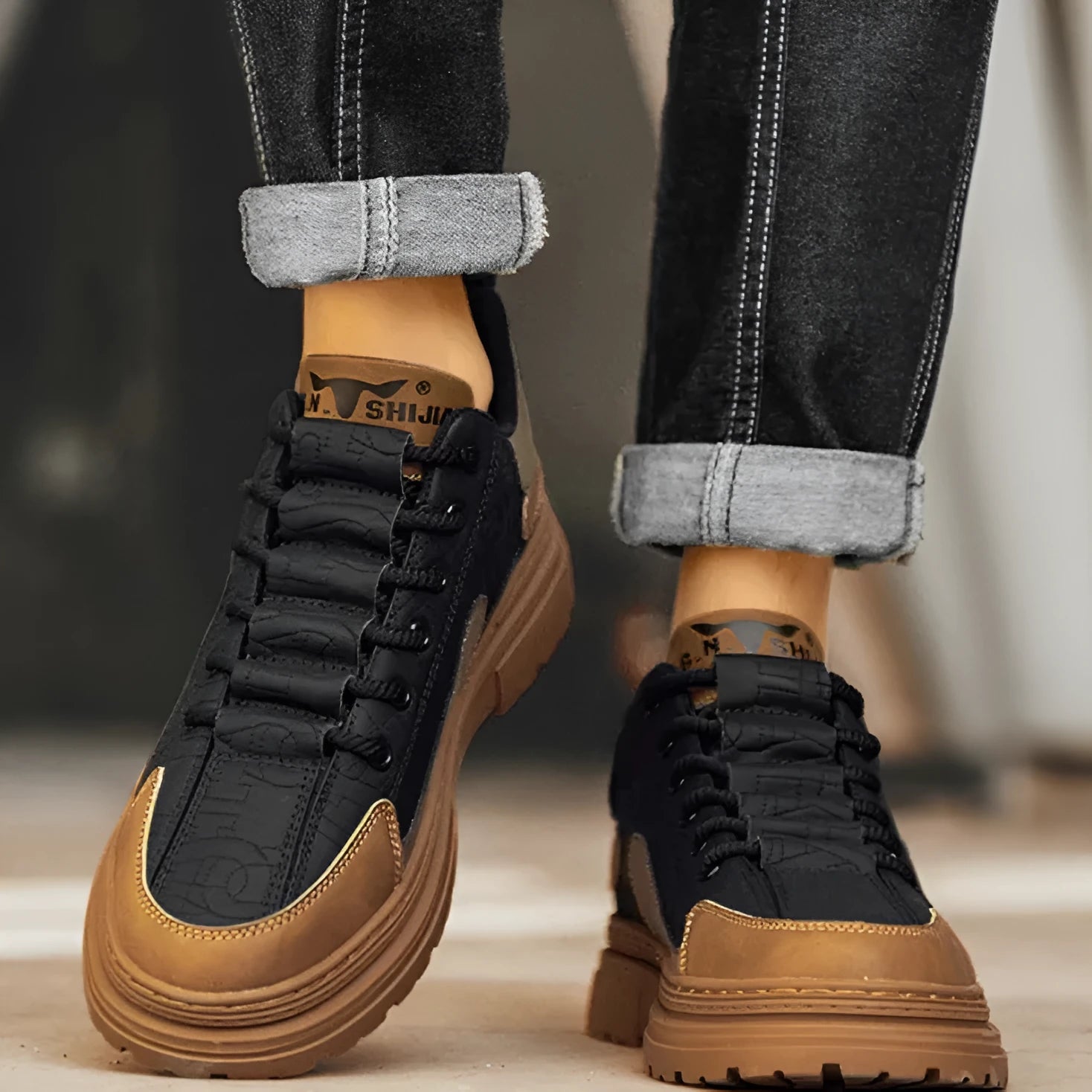 Black and white platform sneakers with thick rubber sole and microfiber leather insole