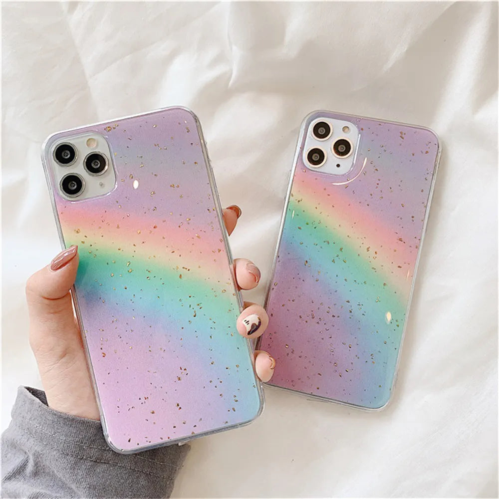 Rainbow gradient striped iPhone case made from flexible TPU material with protective shell design