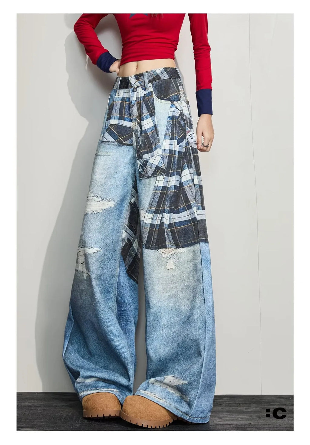 High street wide-leg loose casual pants in blue cotton, straight leg, mid-rise waist, front view