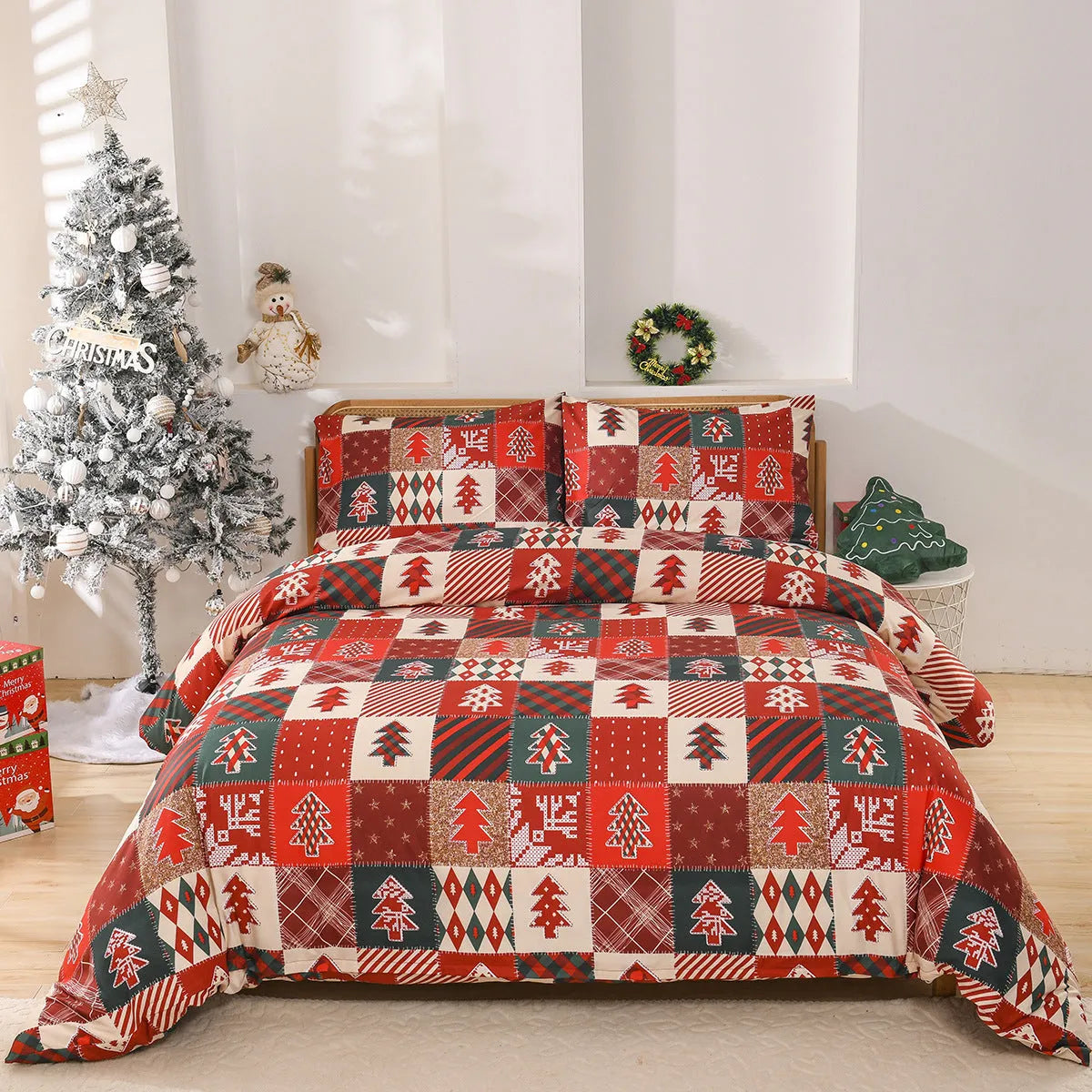 Christmas red plaid pattern bedding three-piece set with quilt cover and pillowcases