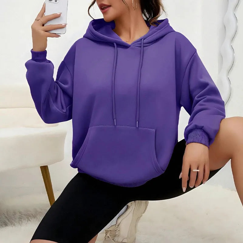 Women's loose fit drawstring pocket sweatshirt in various colours with long sleeves