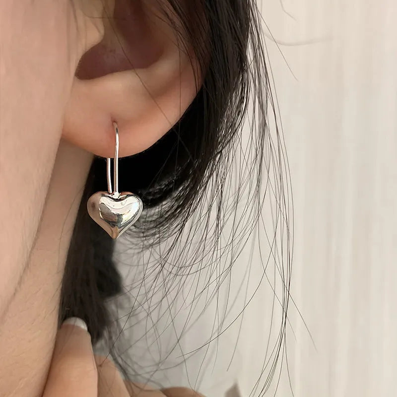 Silver Korean style 3D glossy heart earrings with love motif