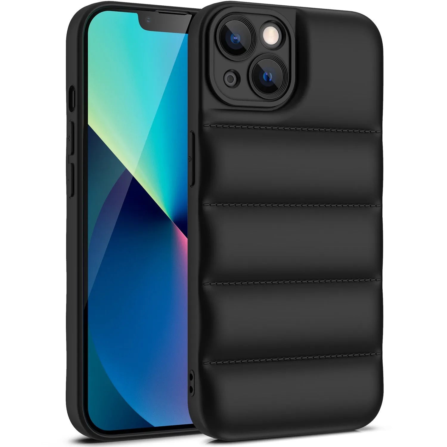 Down jacket style flexible TPU phone case for iPhone, shown in solid blue colour.