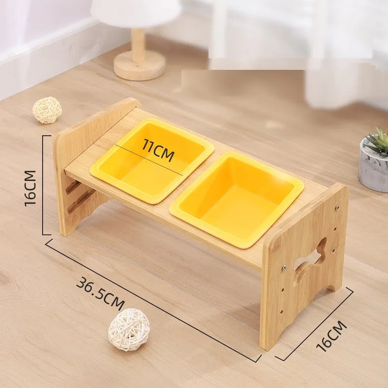 Adjustable cat dog bowl with bamboo base and ceramic feeding bowl in white, 3-layer height settings