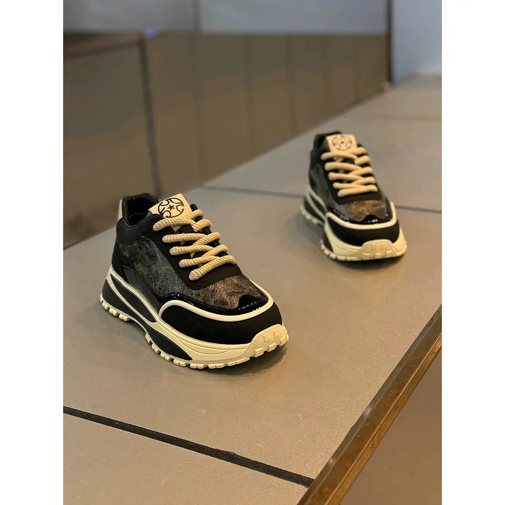 Men's chunky sole retro dad shoes in black, blue, beige red, and yellow with round toe and lace-up front.