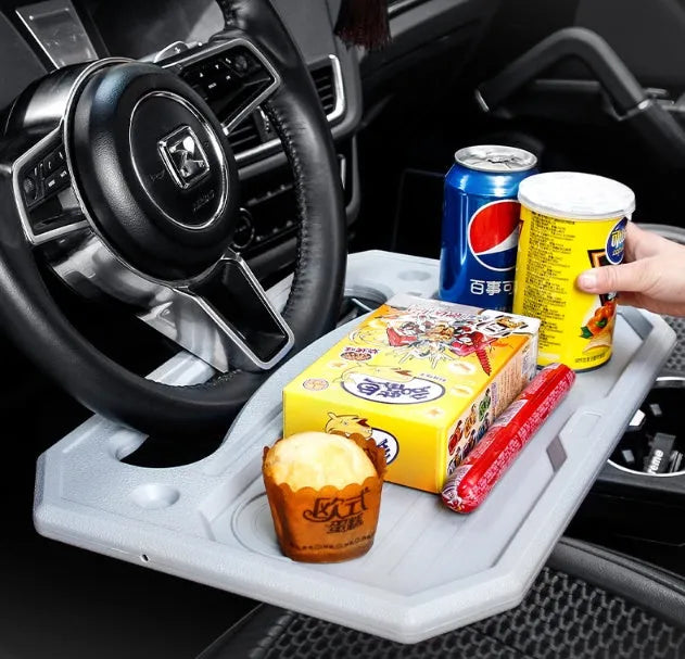 Car steering wheel desk tray in black HDPE and PU leather with phone slot and cup holder, 420x280mm