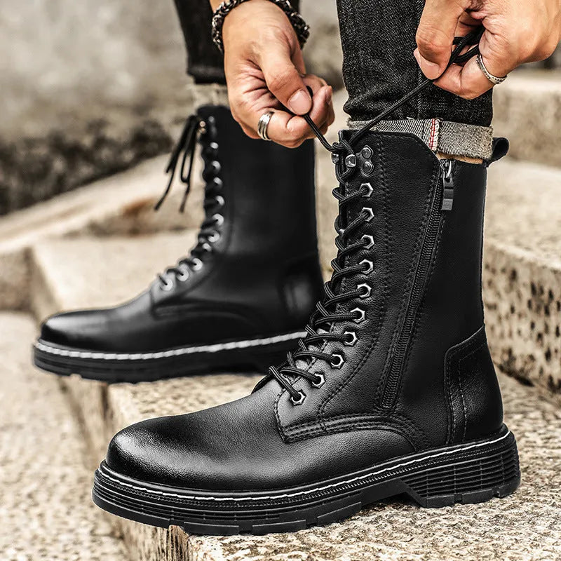 Men's black genuine leather high-top Martin boots with cotton lining and front lace-up, size 38-48