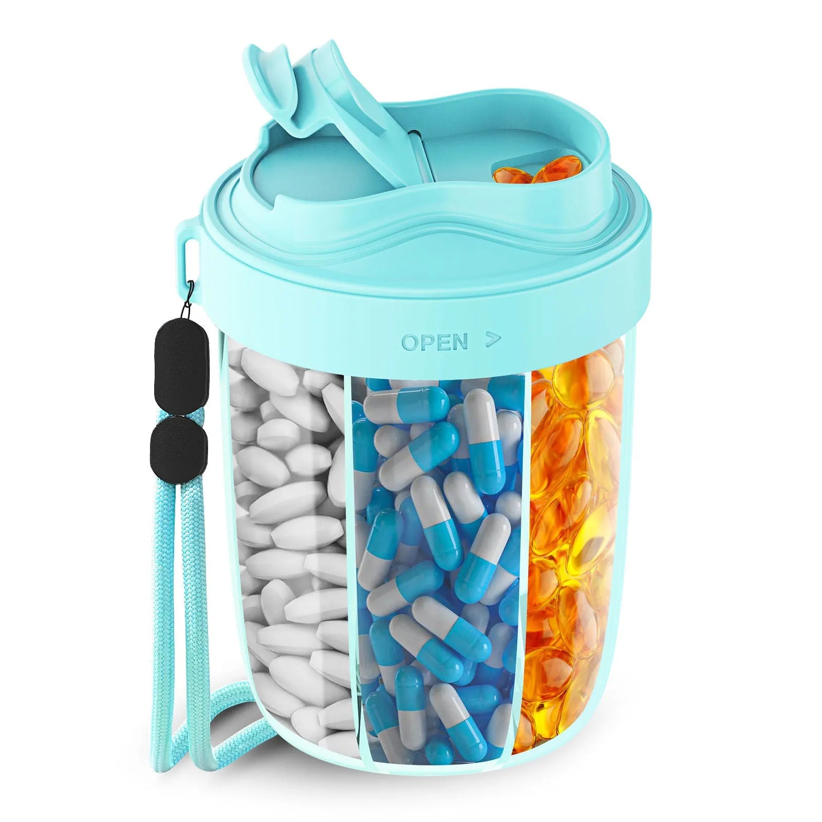 Plastic supplement storage box tablet dispenser with 7 compartments in compact size 7.5x9.5x13.5cm