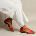 Red women's square buckle sandals with herringbone toe pattern in EU sizes 34-43