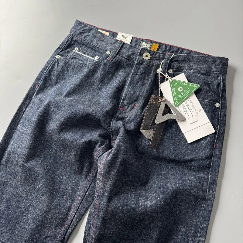 Men's straight leg denim trousers in primary colour with American retro styling and mid-waist fit