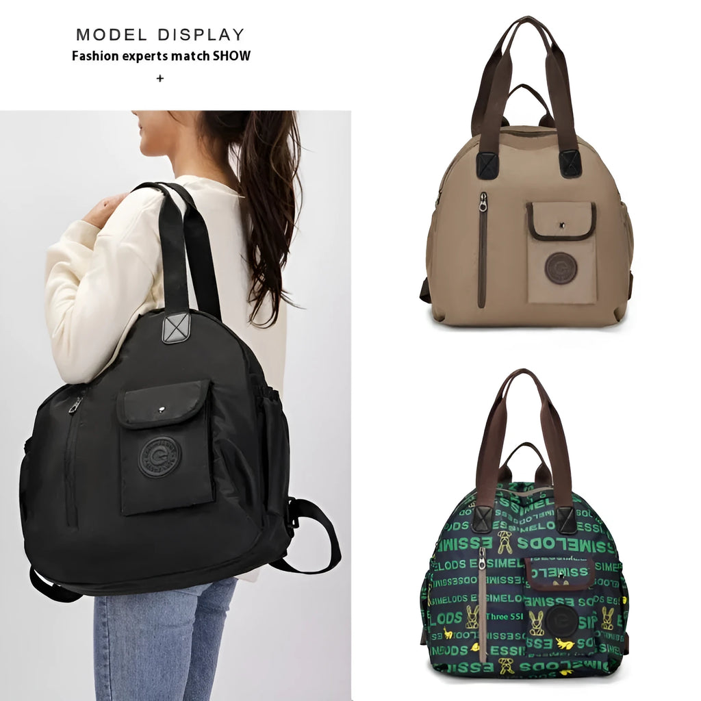 Large outdoor nylon backpack in black, shown with dimensions and sandwich pocket detail.