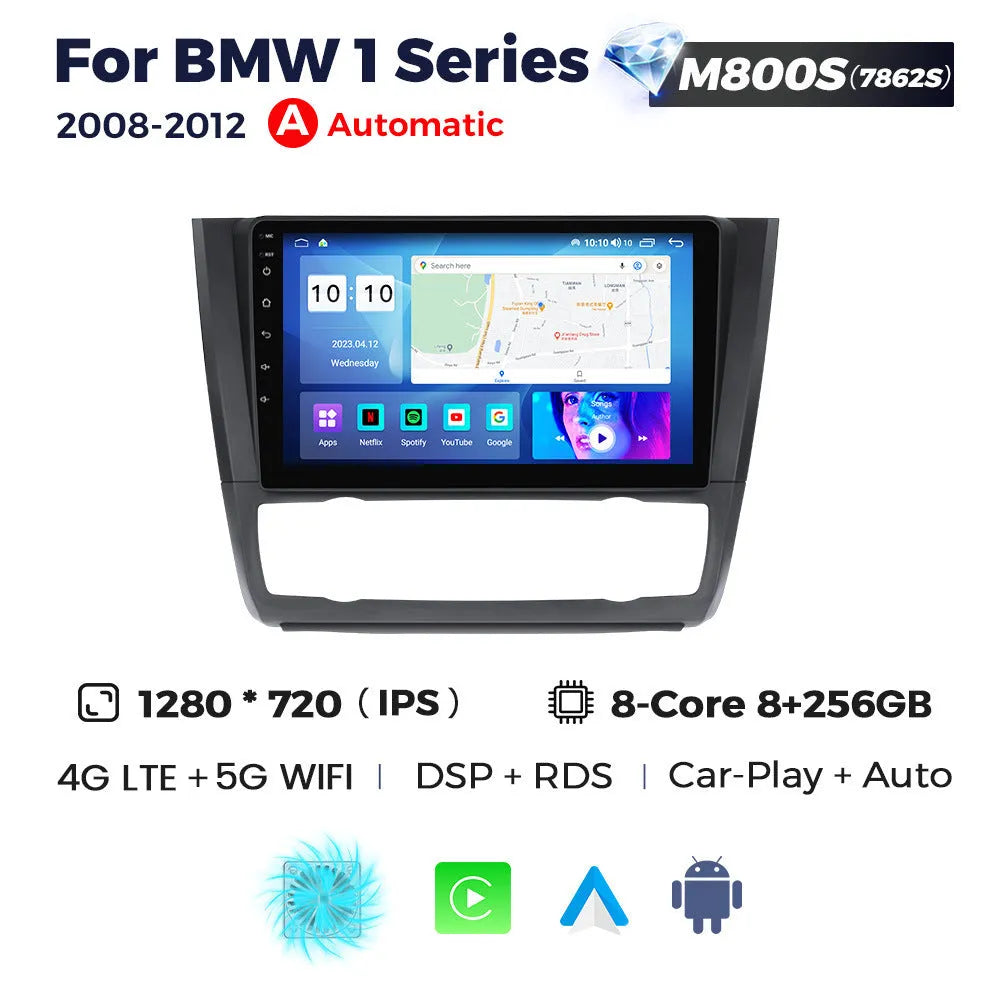 9-inch Android car navigation touchscreen unit for BMW E87 vehicle dashboard.