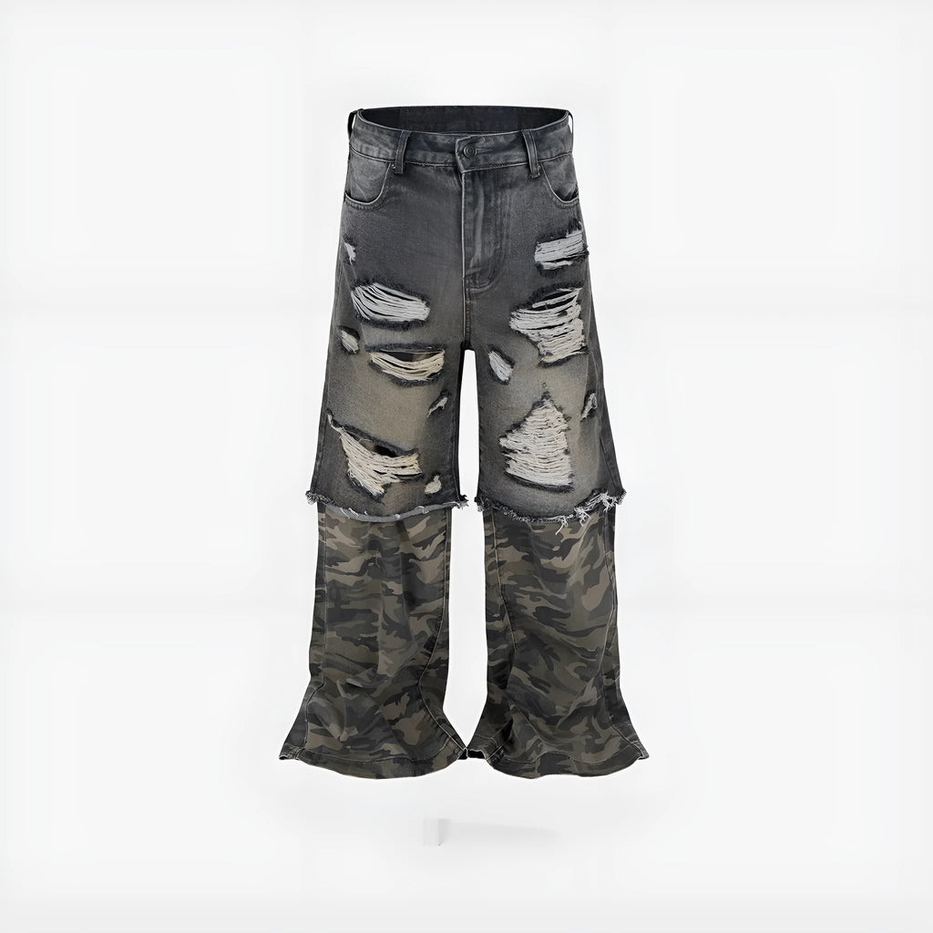 Men's black and gray camouflage stitching wide leg ripped jeans, cotton denim, mid waist.