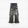 Men's black and gray camouflage stitching wide leg ripped jeans, cotton denim, mid waist.