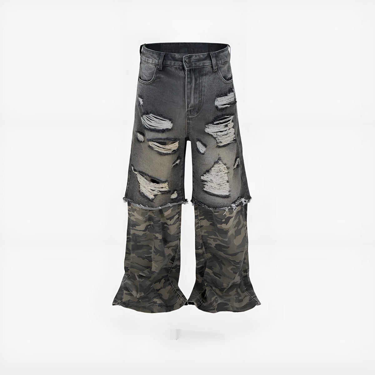 Men's black and gray camouflage stitching wide leg ripped jeans, cotton denim, mid waist.