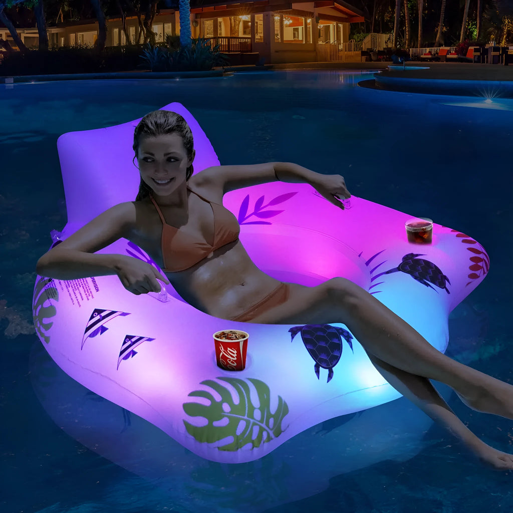 White luminous U-shaped inflatable float on water, showing its seat design and size.