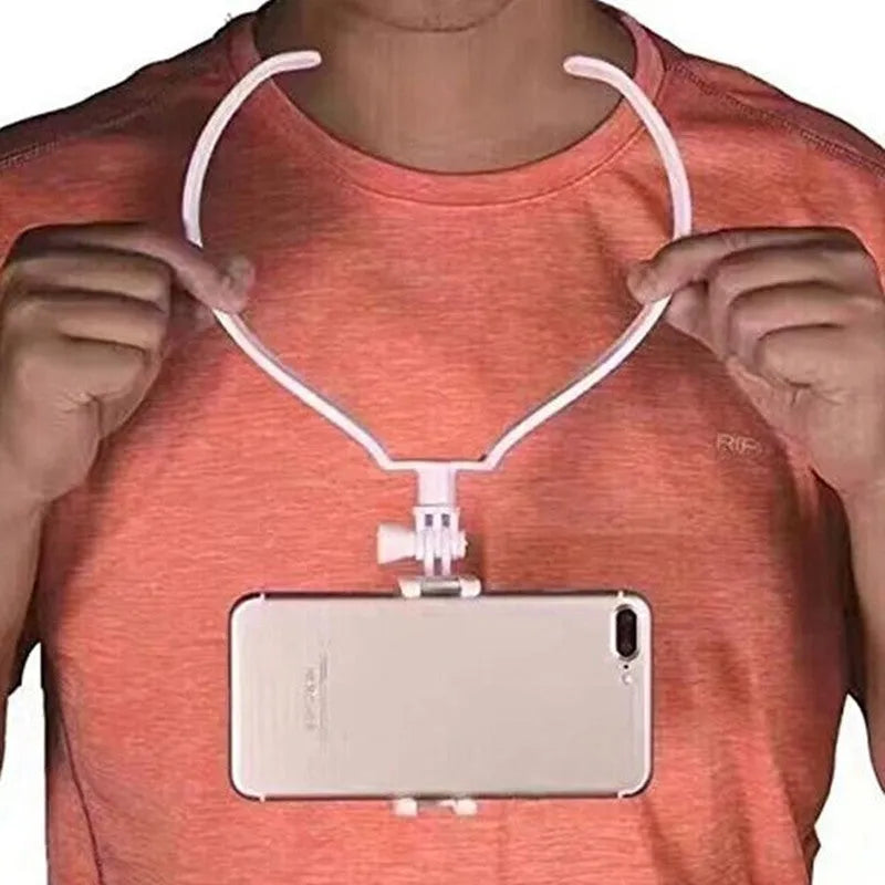 Black wearable neck phone holder with smartphone attached, showing 180-degree adjustment angle