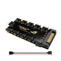 Black 5V ARGB hub with SATA power cable and ten RGB ports for PC lighting expansion