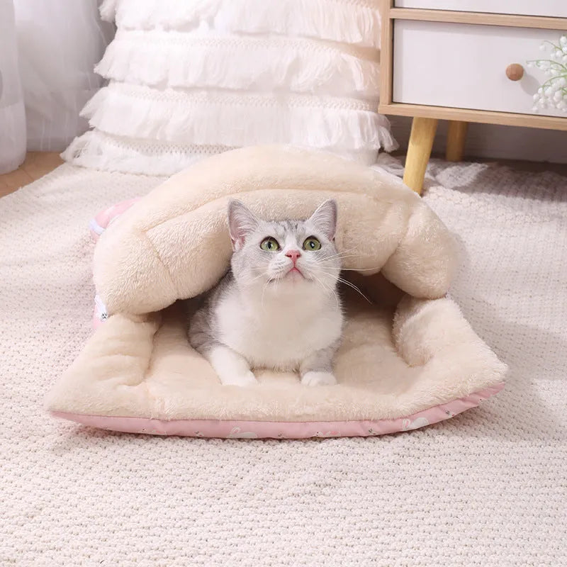 Foldable cat bed sleeping bag with detachable mat in North Pole Wool and Twill Fabric, Pink and Yellow, sizes M and S