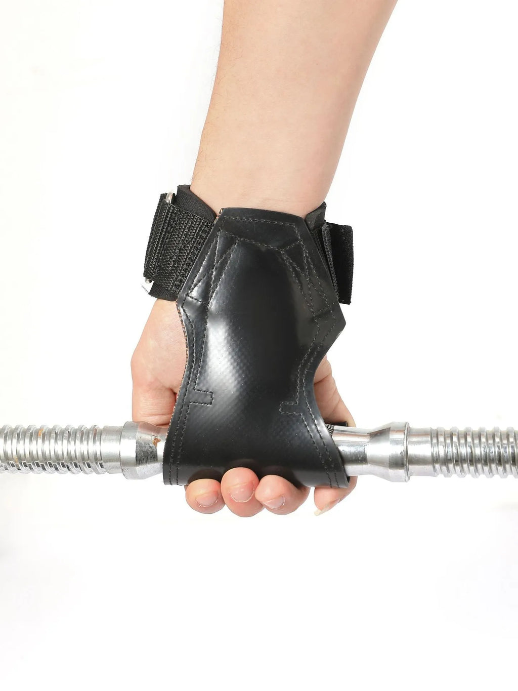 Black weightlifting booster hose with rubber palm protection and assist belts for grip training.