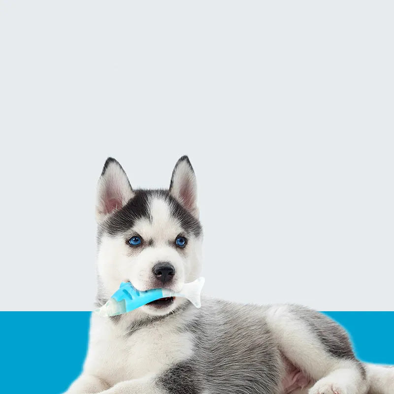 Two PU nylon dog chew toys: one seahorse shape and one tuna shape, for small breed puppies.