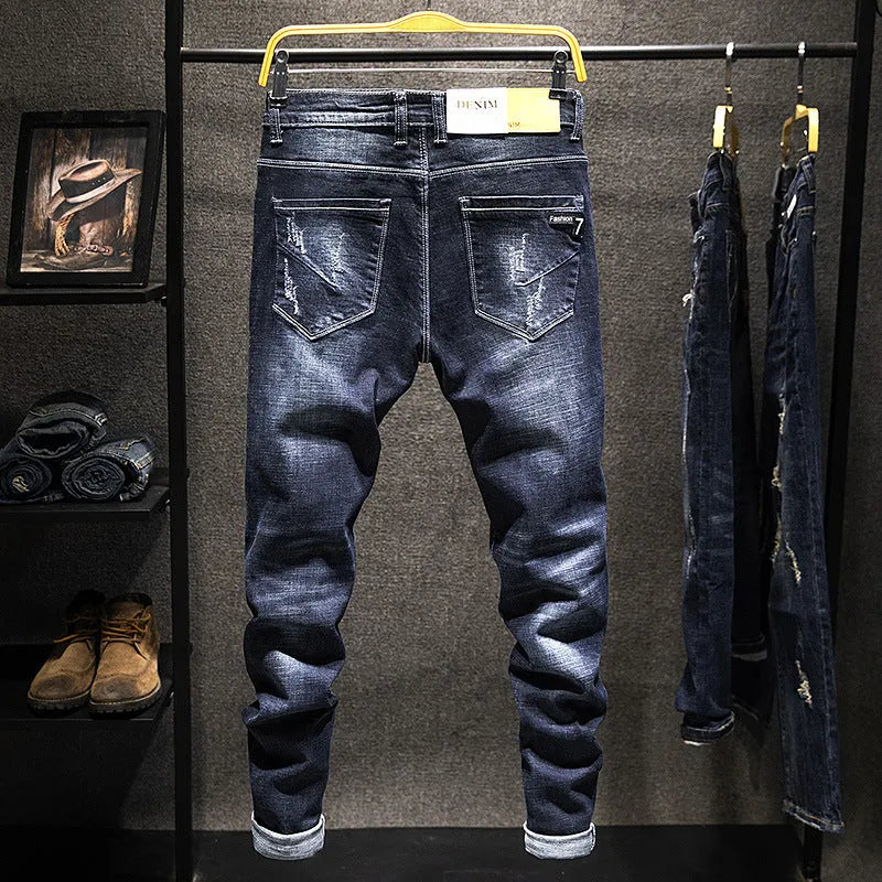 Men's slim-fit skinny jeans in dark blue cotton denim with mid waist design