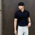 Men's ice silk and cotton blend polo shirt with knitted collar, short sleeves, shown in multiple colour options.