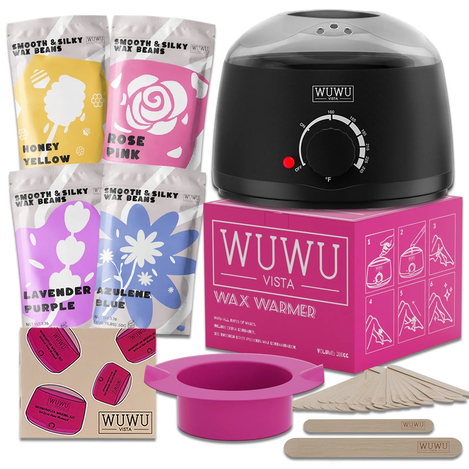 27-piece hair removal waxing kit with four coloured wax beads, applicator sticks, and wax machine for face and body