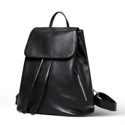 Black genuine leather women's backpack with Korean street trend design showing multiple compartments