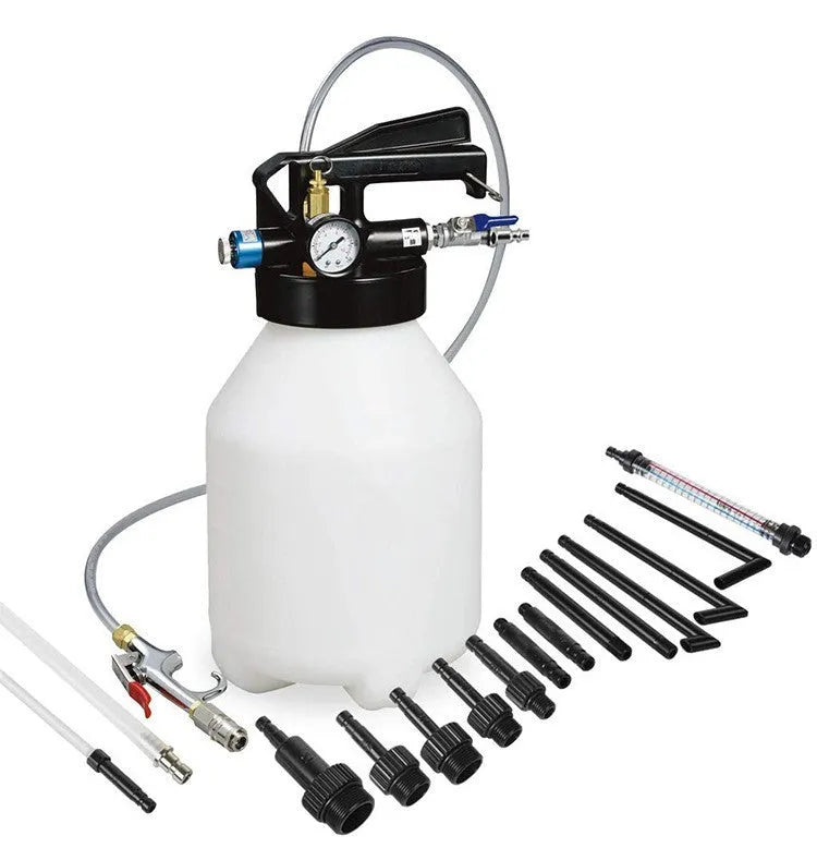 Pneumatic automatic transmission oil changer machine with a tank filler, shown in a workshop setting.