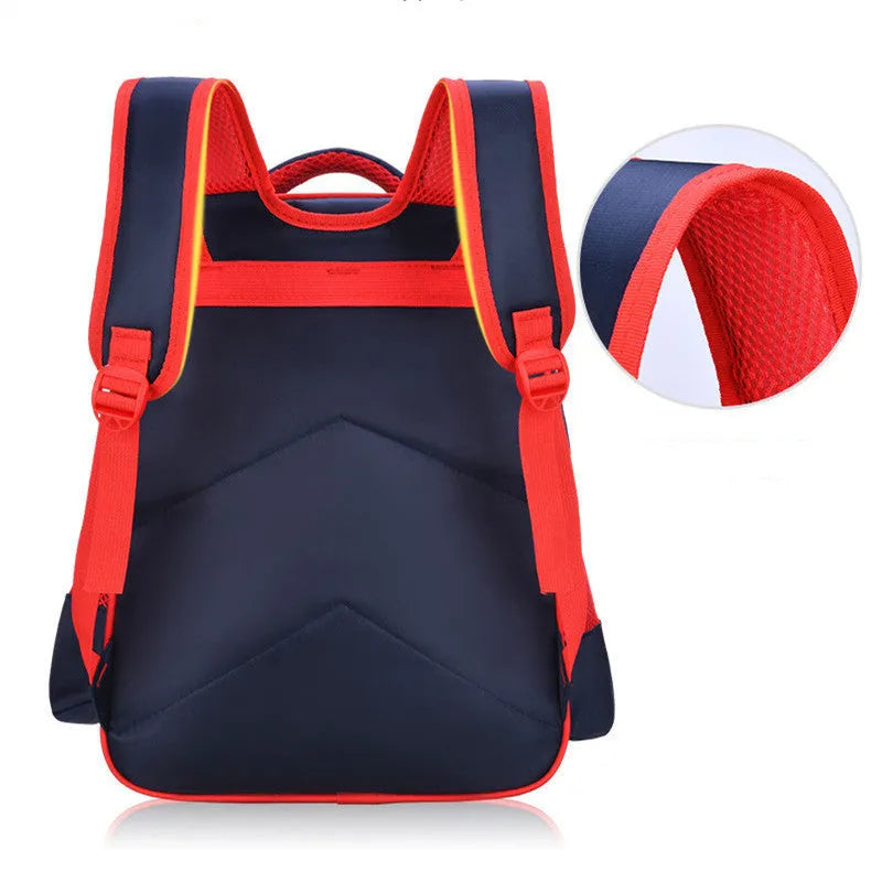 Blue children's nylon backpack with anime cartoon print and a matching pencil case.