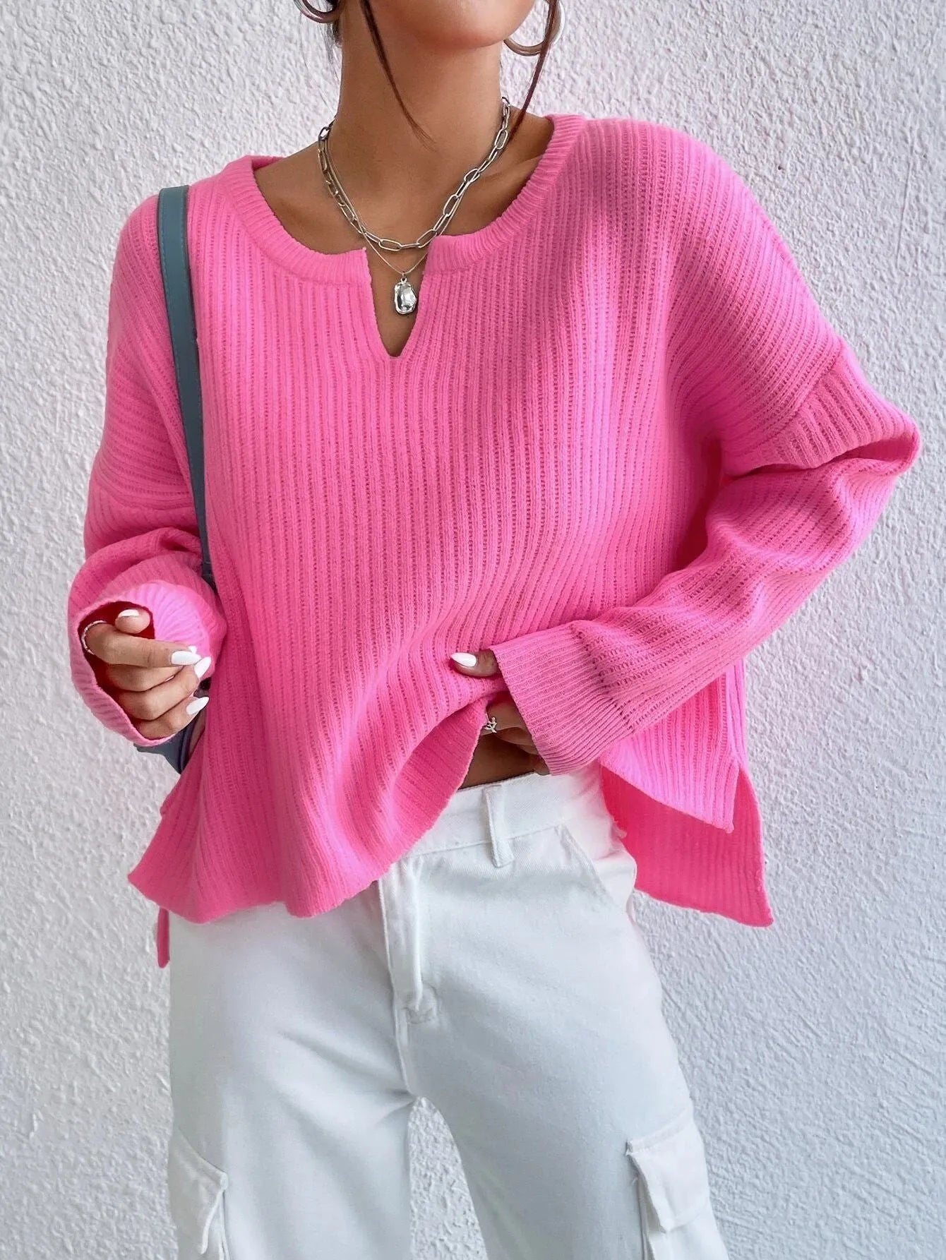 Women's solid colour V-neck loose fit long sleeve pullover sweater in rose red macaron colour