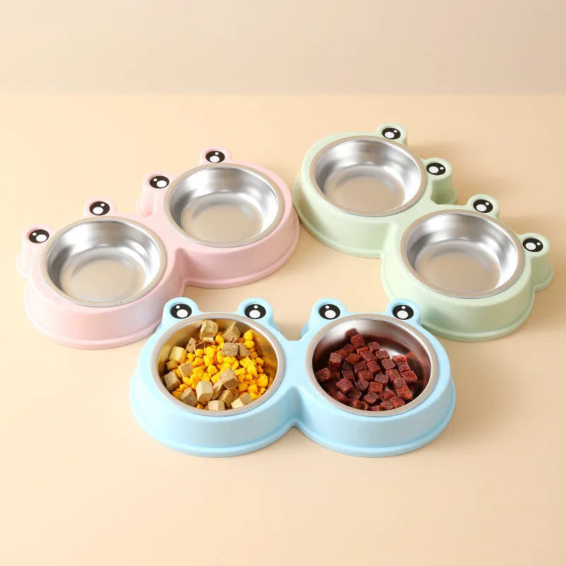 Stainless steel pet double bowl with frog design for separate food and water feeding