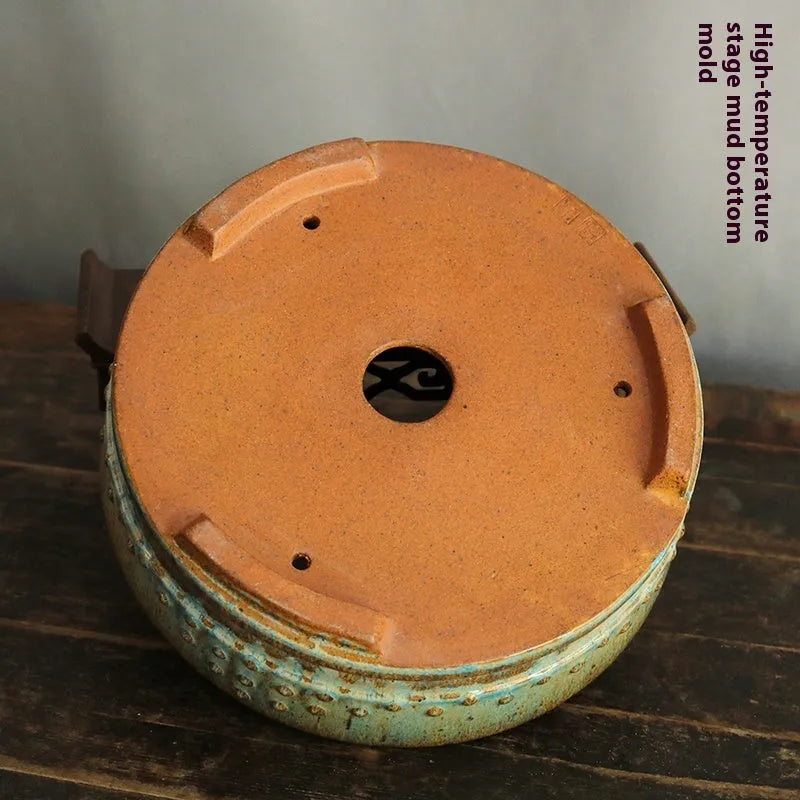 Purple sand handmade round drum ceramic flower pot with high-temperature firewood glaze