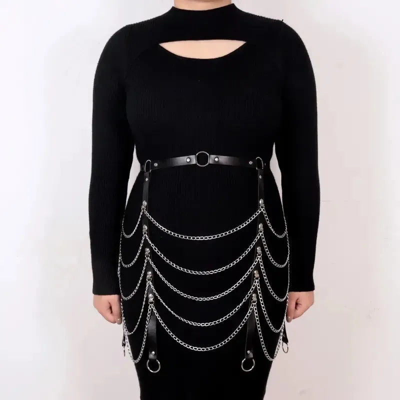 Black PU leather waist chain with bandage binding design for women