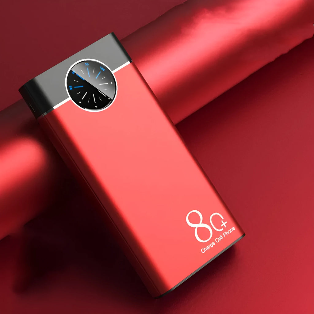 Black, red, and blue alloy-shell 20000mAh fast charging power bank with LED flashlight.