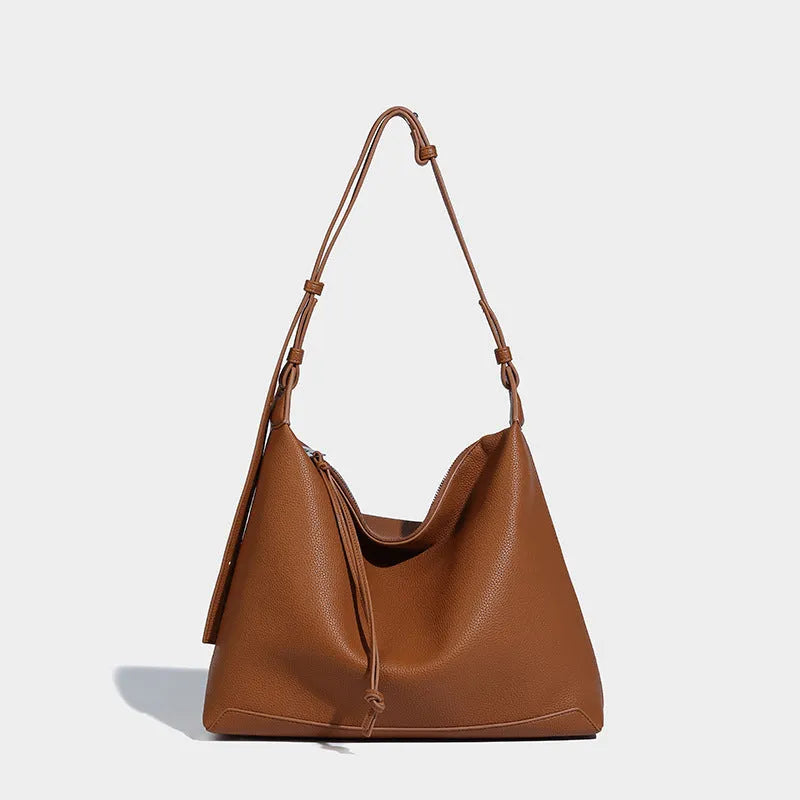 Soft PU leather large capacity messenger bag in caramel colour showing 36cm length dimensions