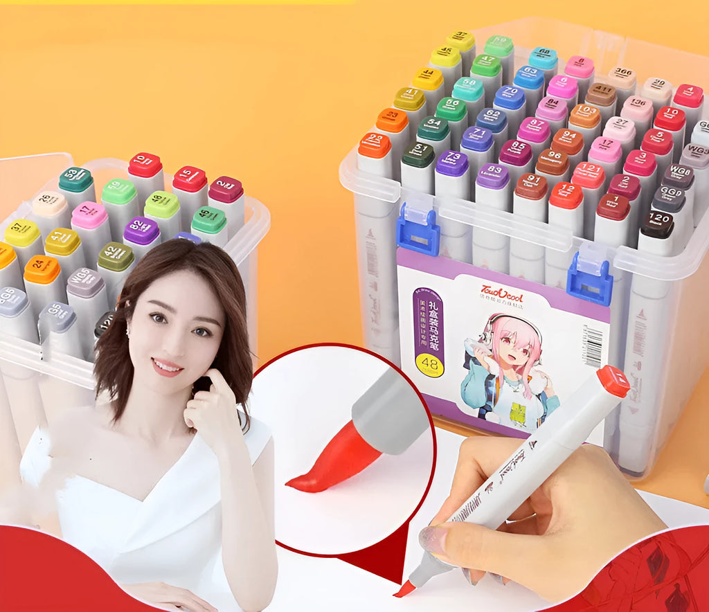 48 colour oily soft-tip marker set with square rod bodies and dual thickness options