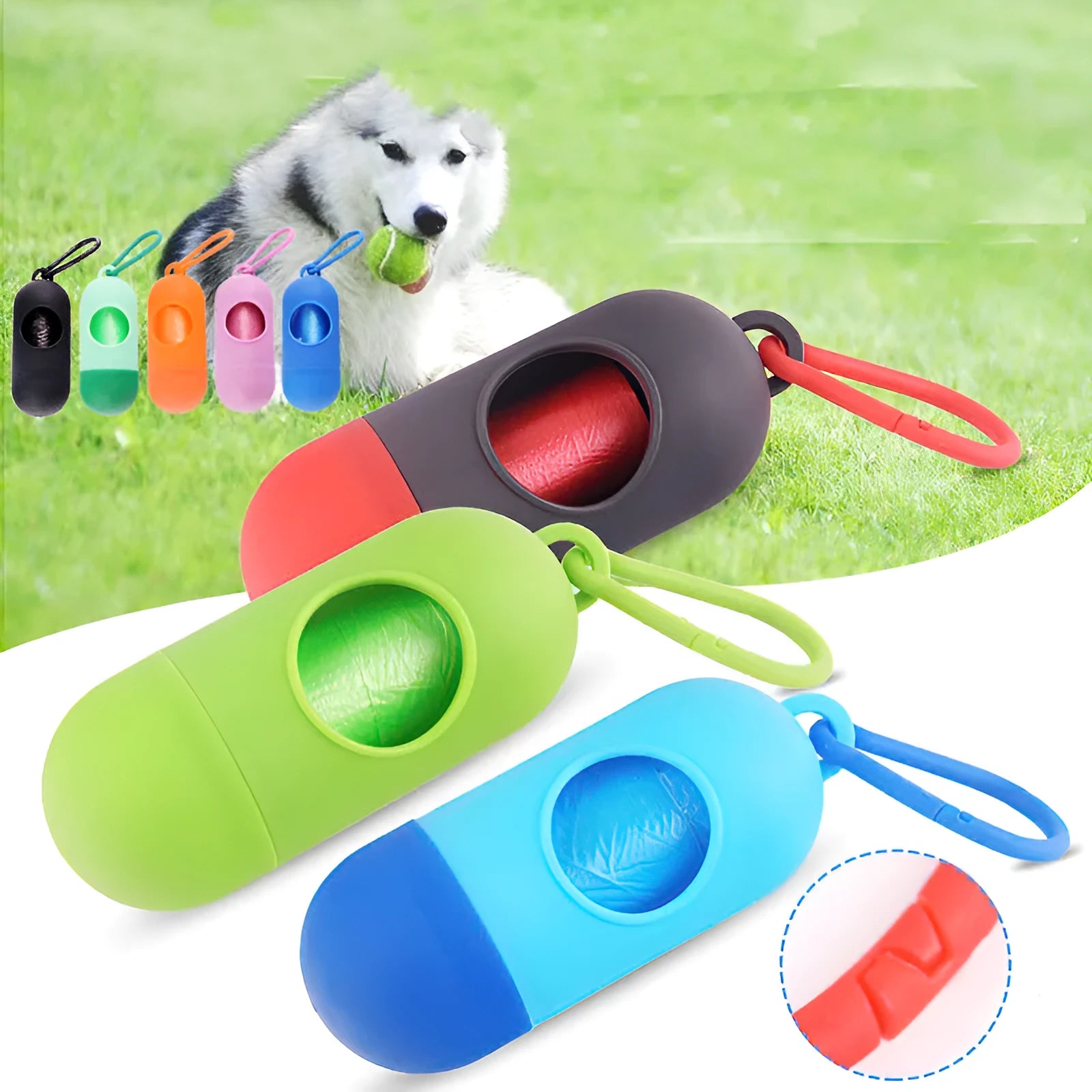 A compact black dog poo bag holder with a side hook and Velcro strap, shown attached to a dog lead.