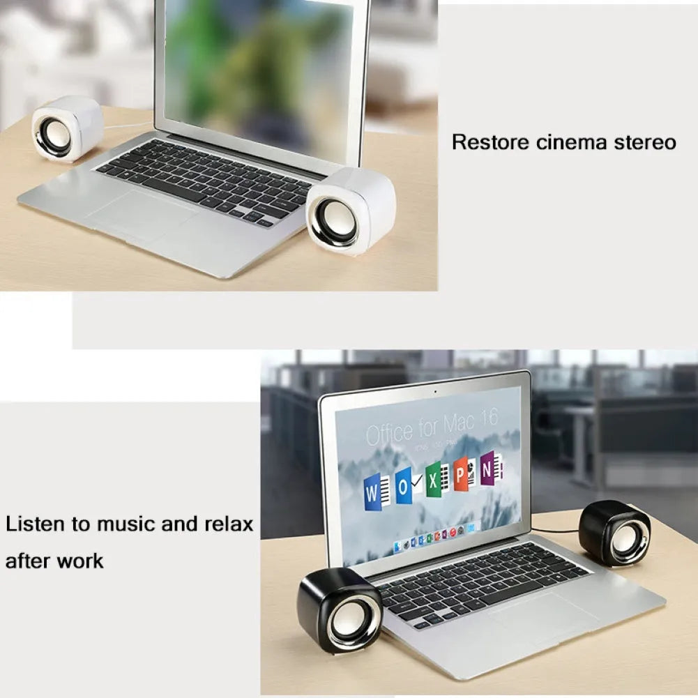 Black and white mini computer speakers with wired 3.5mm connection for desktop audio enhancement