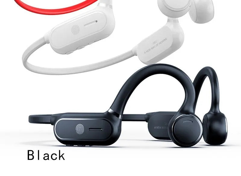 Black air conduction Bluetooth wireless earphones with a titanium alloy hook for over-ear wear.