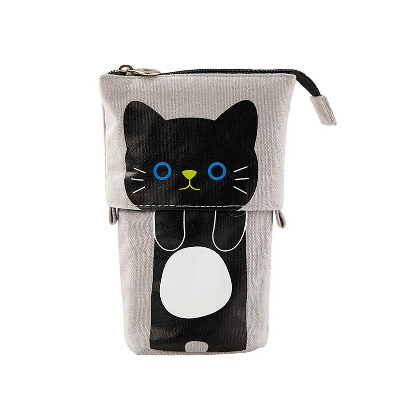 Round Korean-style canvas pencil case with cartoon animal prints measuring 19x7.5x12.5cm