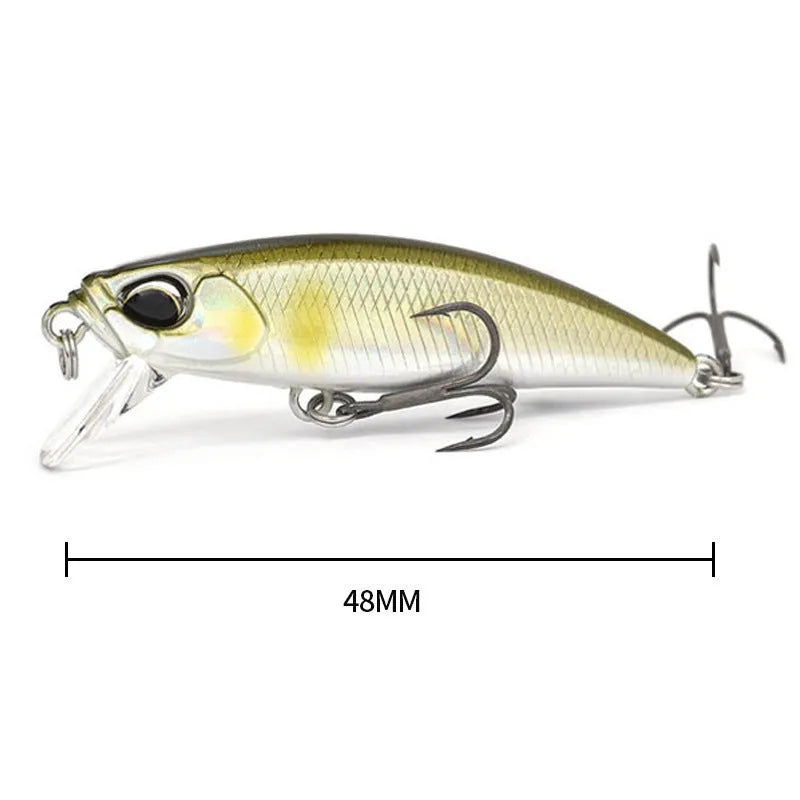 Hard minnow fishing lure measuring 48mm in length, shown in one of 14 available colours.