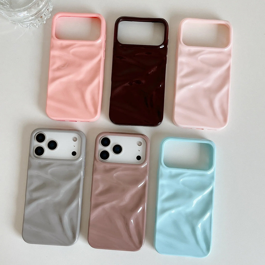 Oil filled pleated PC soft shell phone case for iPhone showing texture and colour options