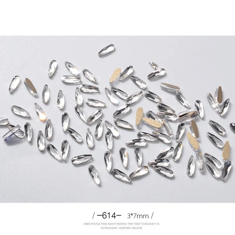 10 acrylic 3D nail art rhinestones in long water drop shape, 7x3mm, glitter finish, eleven colour options