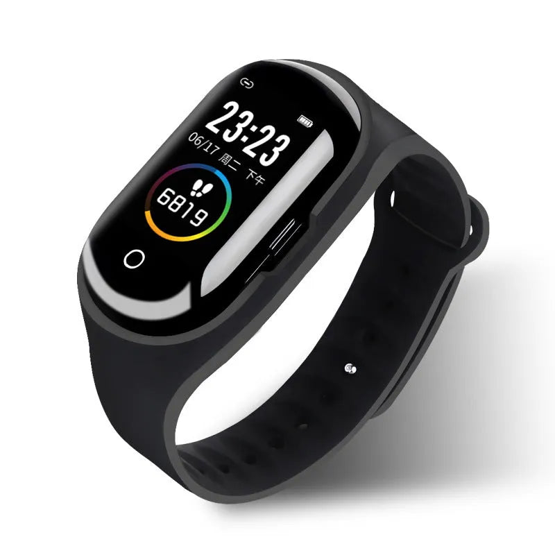 Smart bracelet earphone combo with touch screen display on silicone wristband in multiple colours
