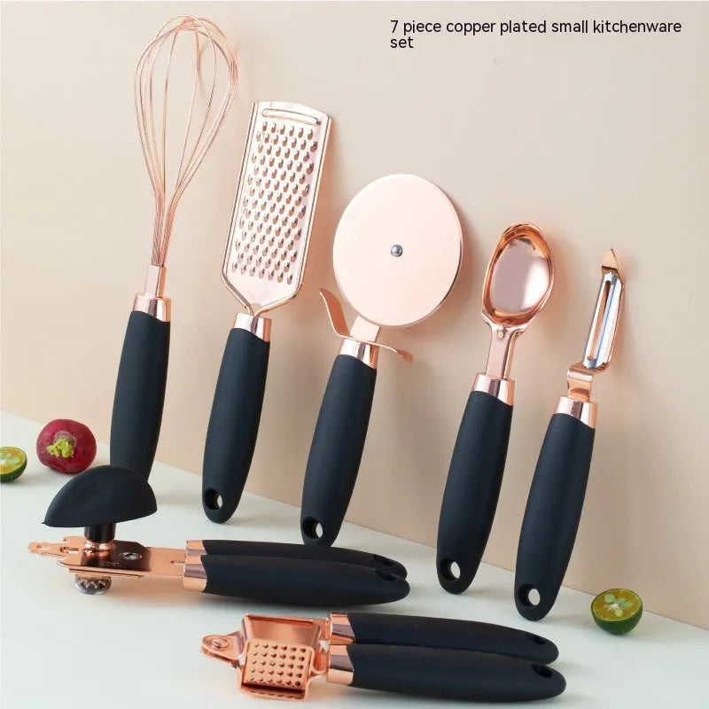 Seven-piece stainless steel kitchen utensil set with rose gold accents in six colour options on countertop