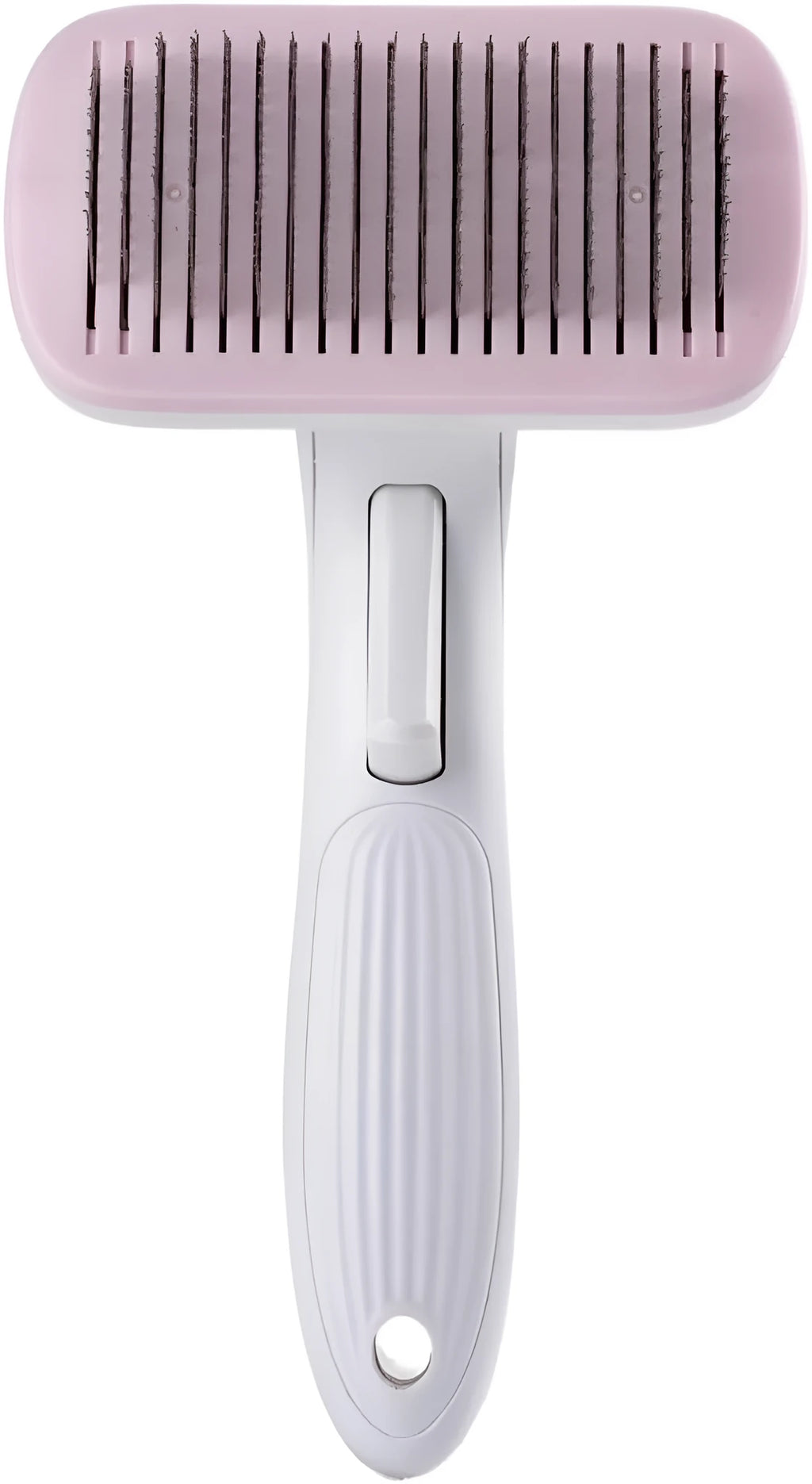 Automatic pet grooming comb with four interchangeable heads in blue, grey, green, or pink colours.